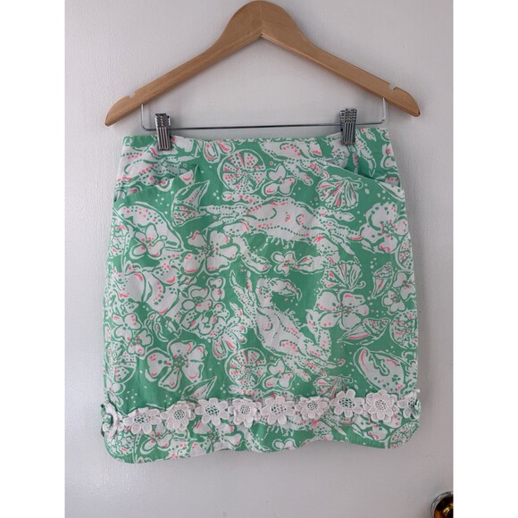 Lilly Pulitzer Skirt Size 6 Green Floral Beach Print White Floral Lace, Pockets - Picture 1 of 9